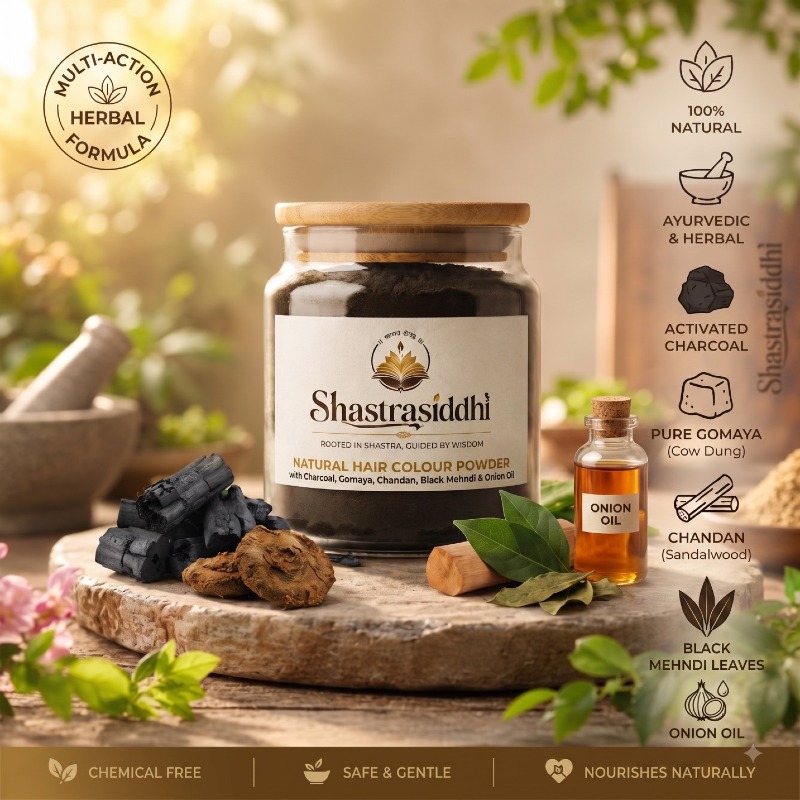 Shastra Siddhi Natural Hair Colour - Activated Charcoal, Pure Gomaya (Cow Dung), Chandan (Sandalwood), Black Mehndi Leaves, Onion Oil and Natural Aloe Vera - 200gm